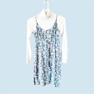 Blue floral dress with white turtle neck